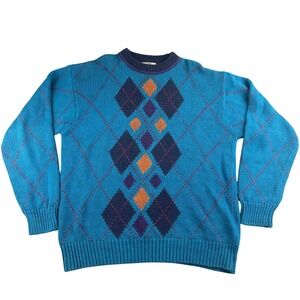 Vintage‎ Sears Roebuck & Co. Sweater XL Blue Argyle Diamond Ramie Hong Kong Made
